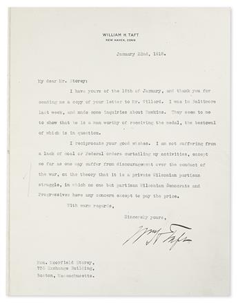 TAFT, WILLIAM H. Typed Letter Signed, WmHTaft, to NAACP President Moorfield Storey,